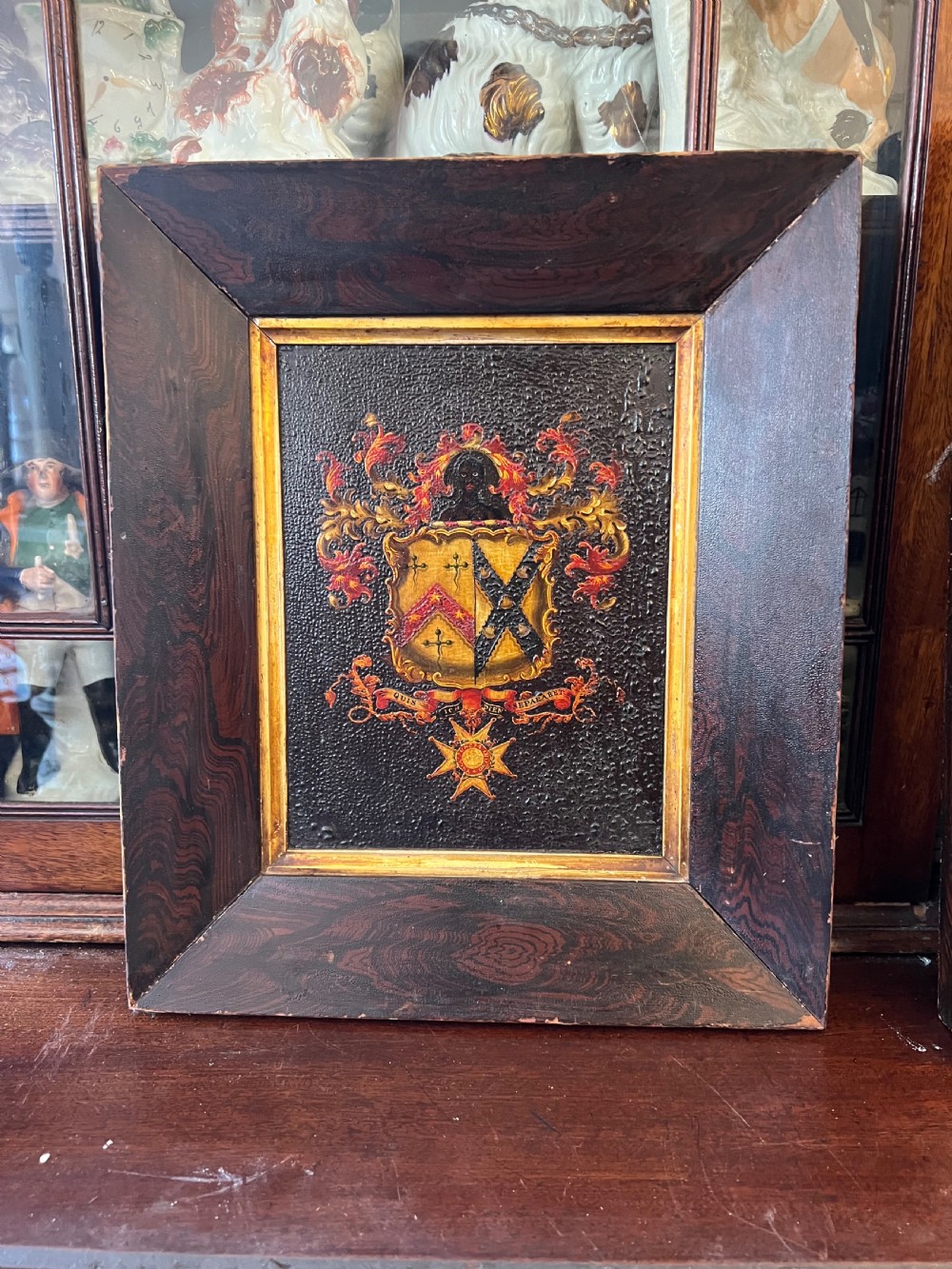 Hand painted Crested door panel segment mounted in faux rosewood frame 