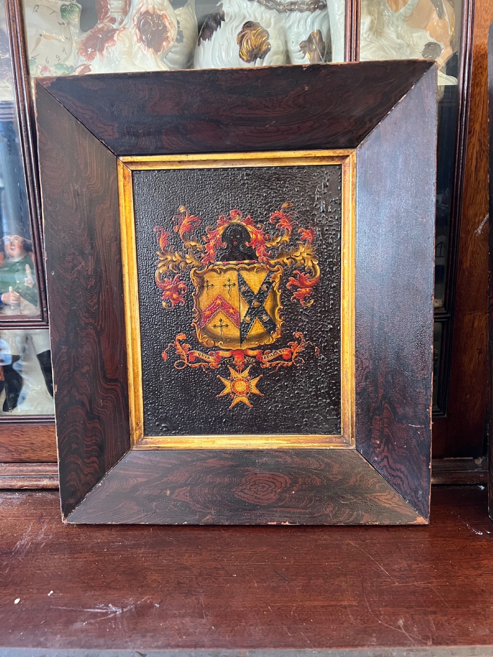 Hand painted Crested door panel segment mounted in faux rosewood frame  View II