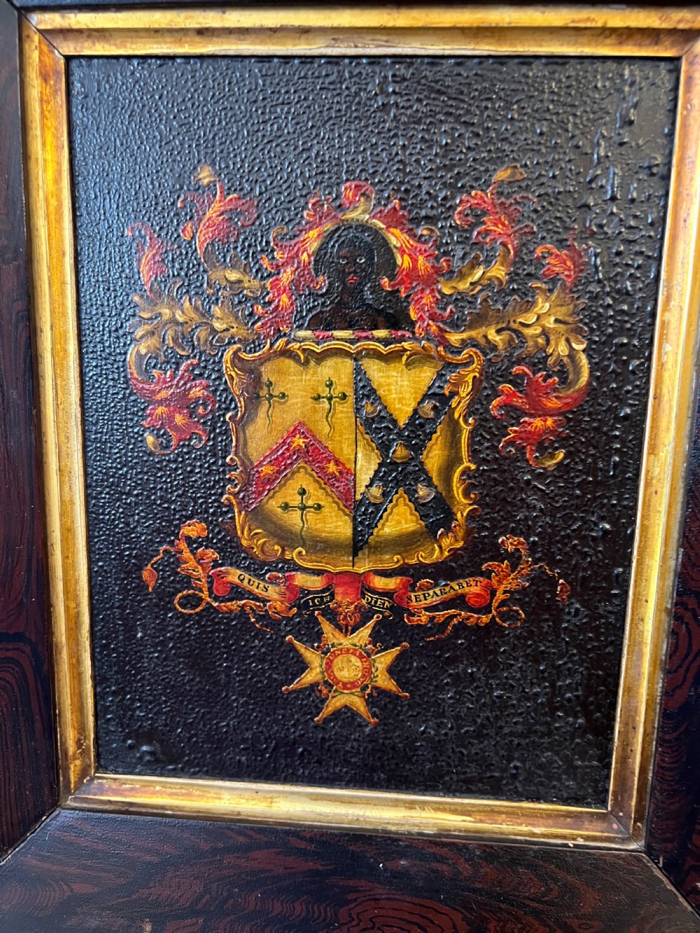 Hand painted Crested door panel segment mounted in faux rosewood frame  View III