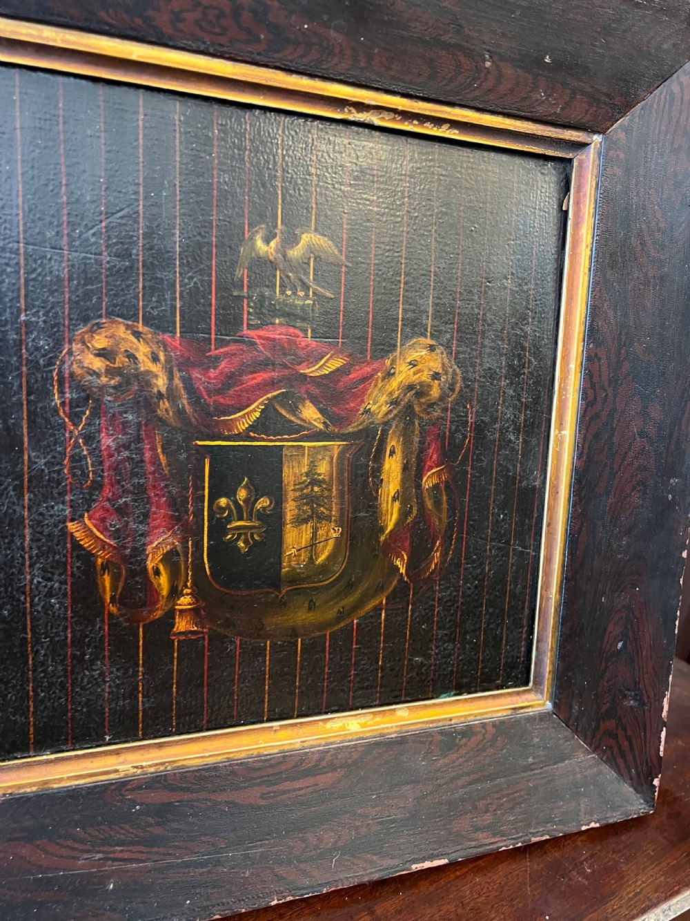 Georgian crested segment from carriage in faux rosewood frame  View III