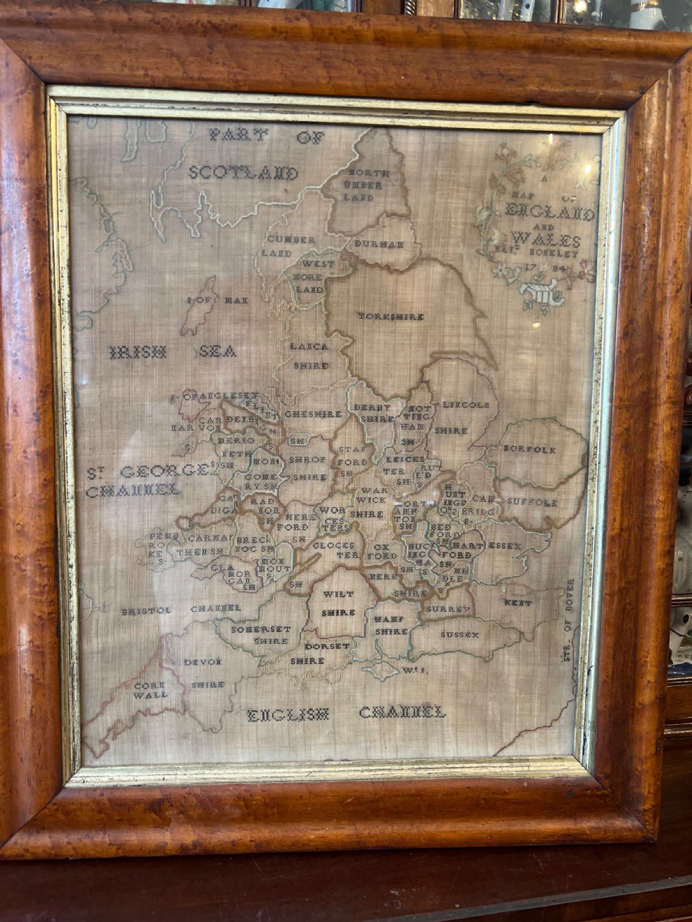 C18th sampler of England and Wales on a burr maple frame  View II