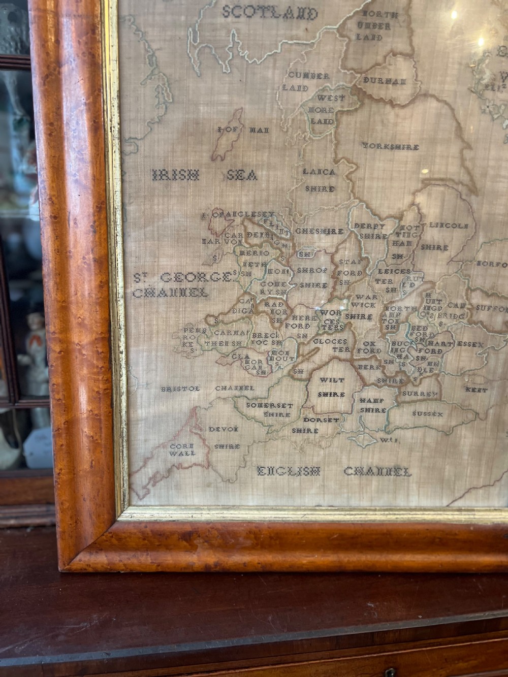 C18th sampler of England and Wales on a burr maple frame  View IV