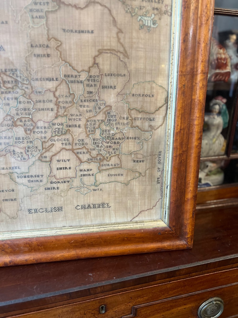 C18th sampler of England and Wales on a burr maple frame  View V