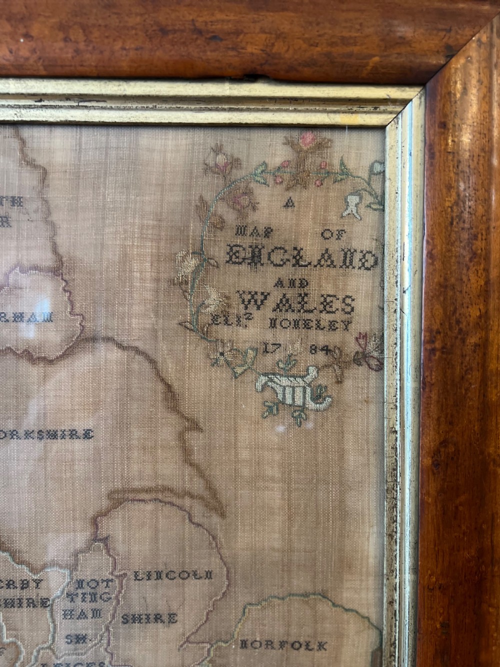 C18th sampler of England and Wales on a burr maple frame  View VII