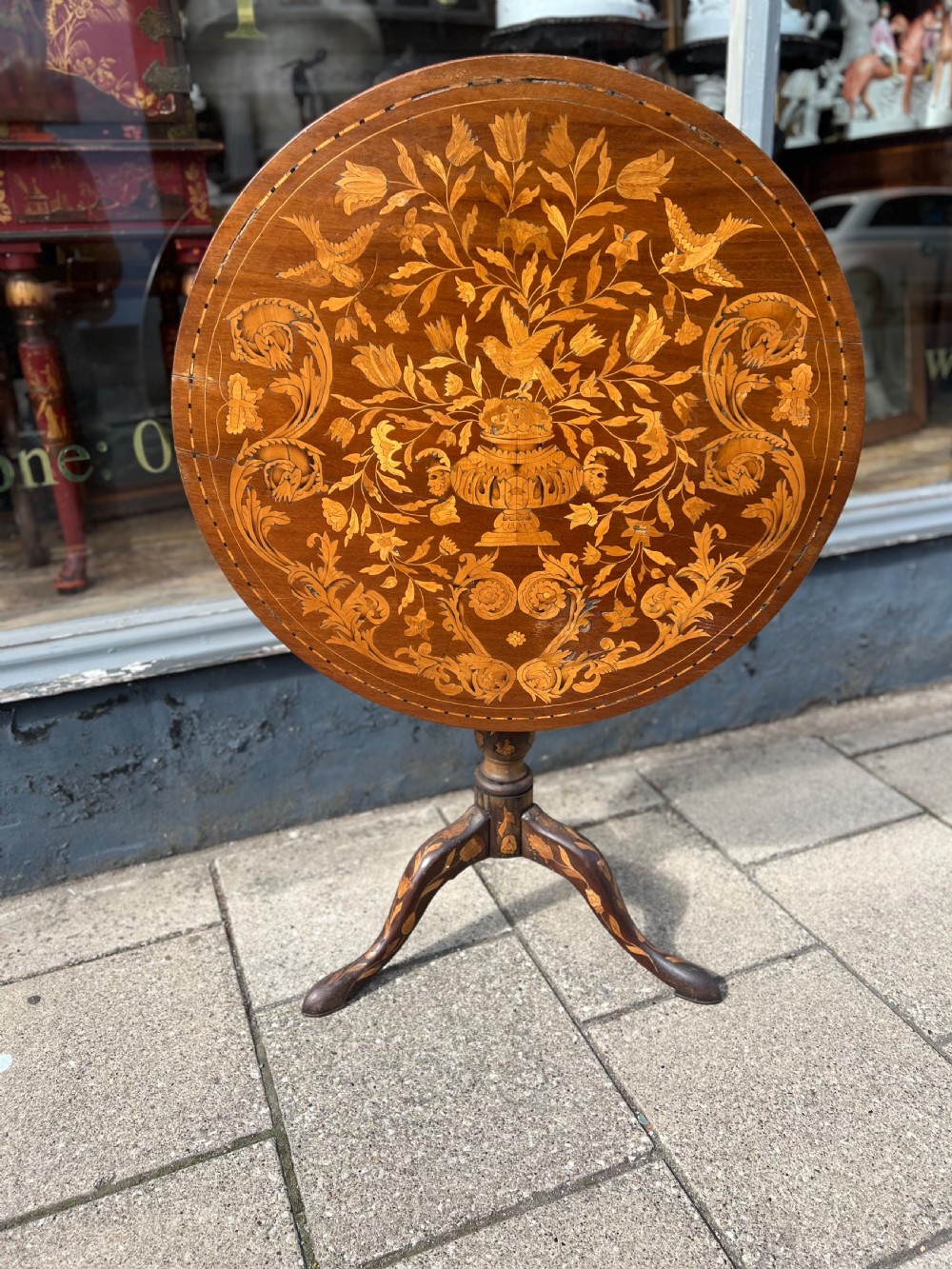 C18th Dutch Marquetry walnut tripod table  View II