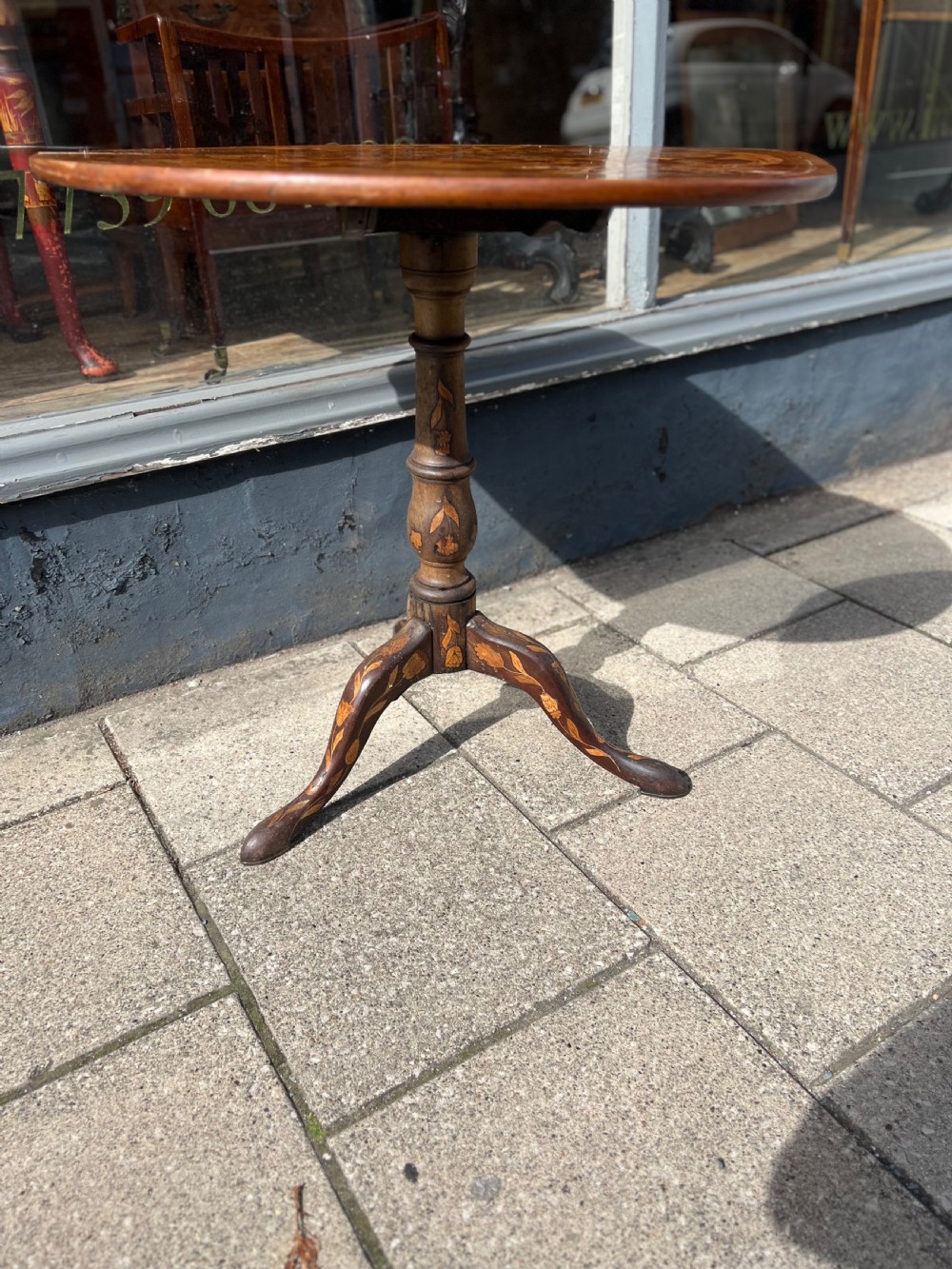 C18th Dutch Marquetry walnut tripod table  View III