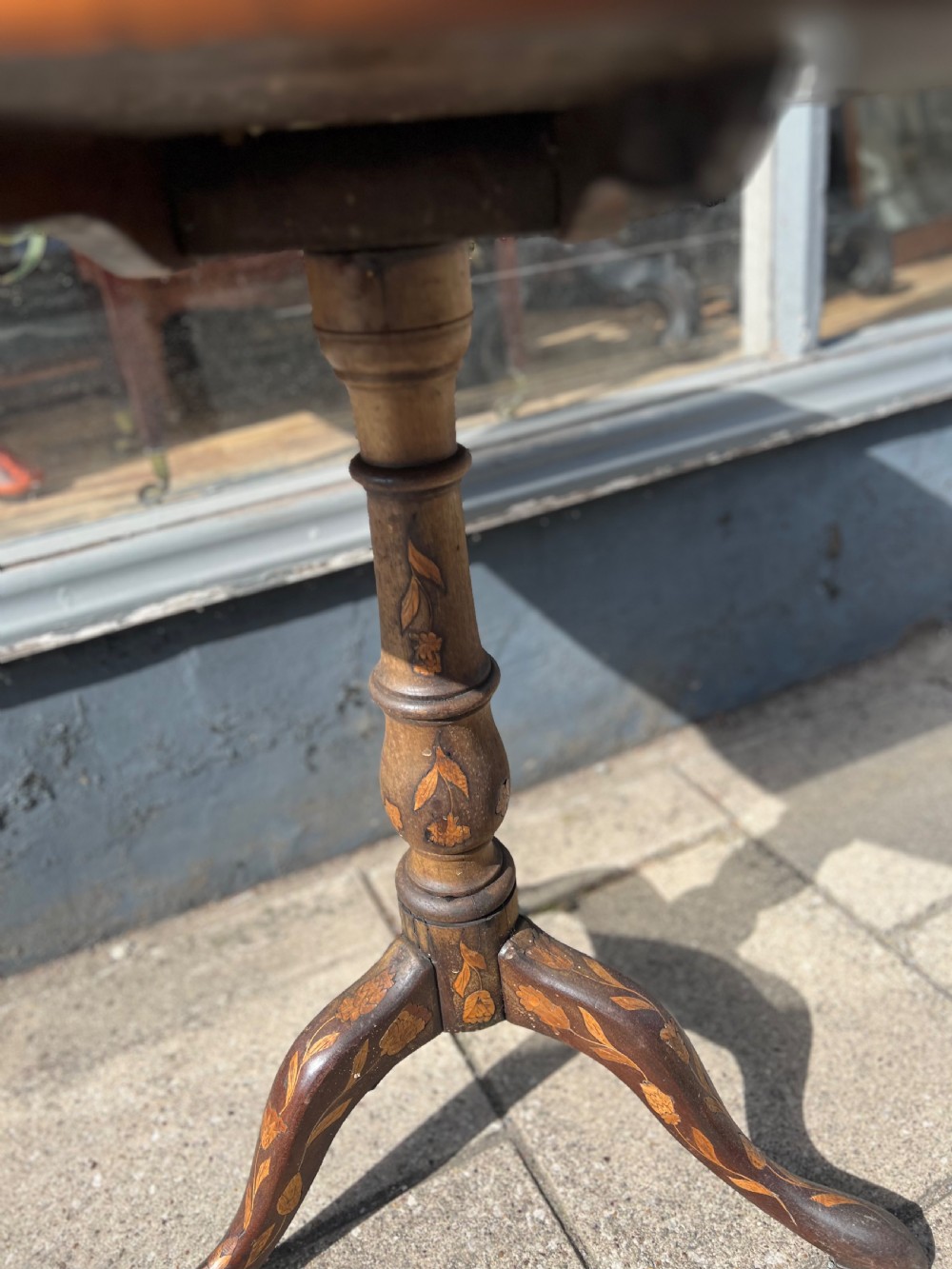 C18th Dutch Marquetry walnut tripod table  View V
