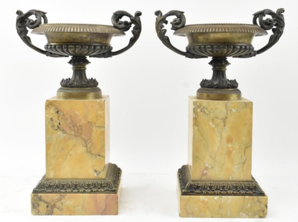 Pair of large grand tour tazza on sienna marble bases 
