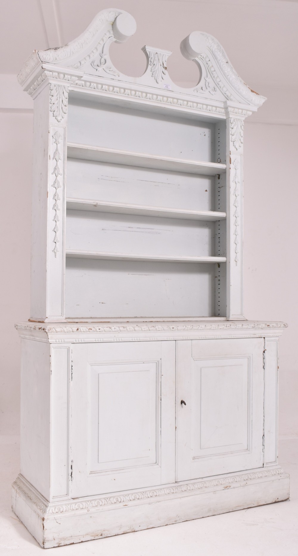 C19th painted pine carved pedimented library bookcase 