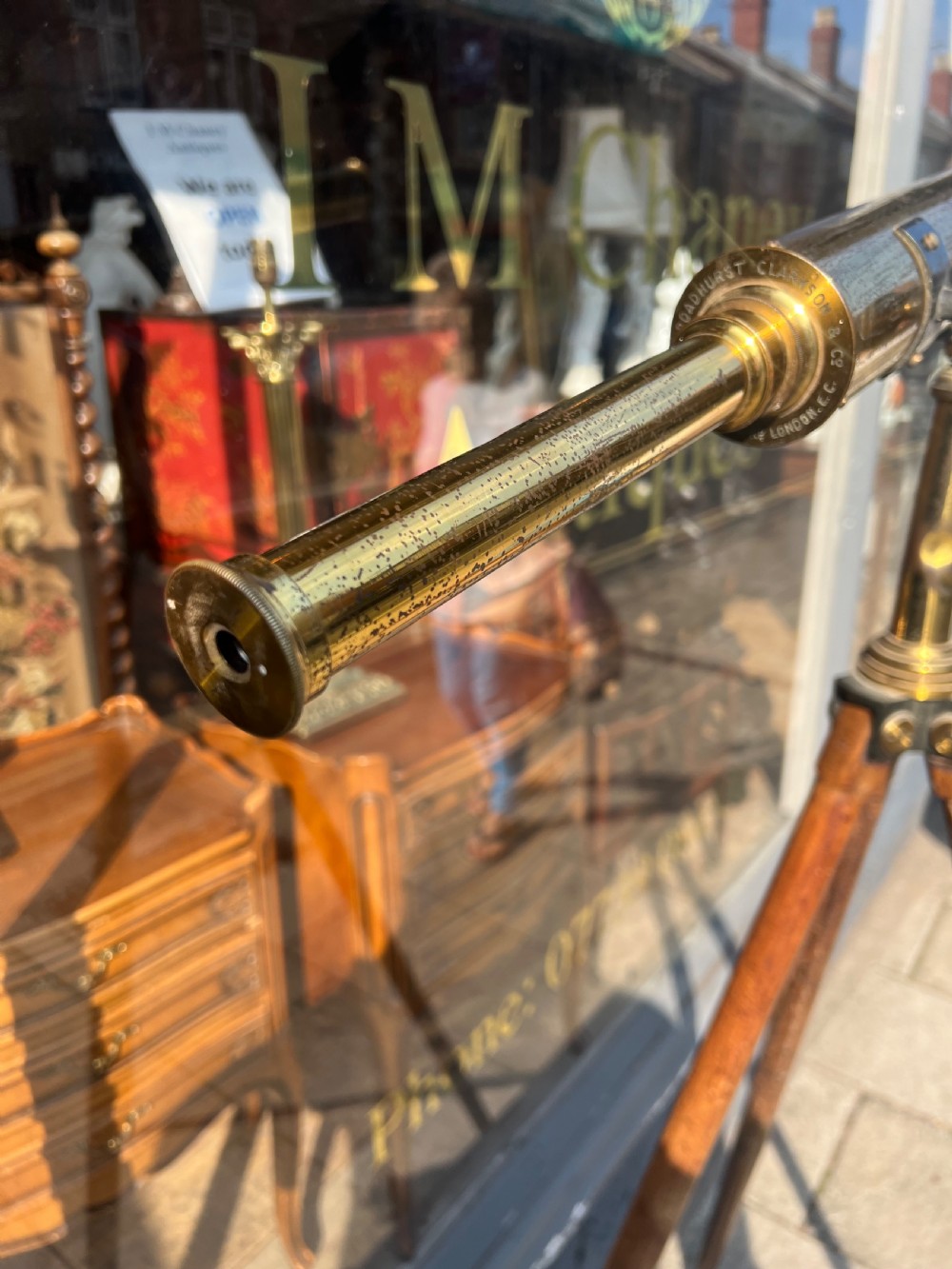 A large broadhurst Clarkson & Co London terrestrial telescope on tripod base  View XV