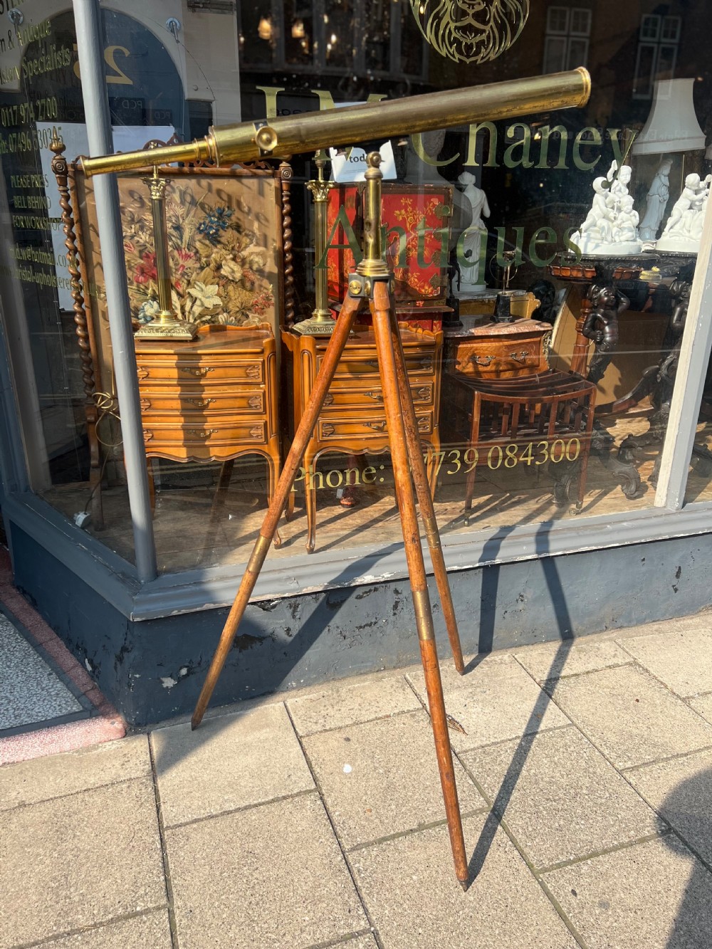 A large broadhurst Clarkson & Co London terrestrial telescope on tripod base  View XVII