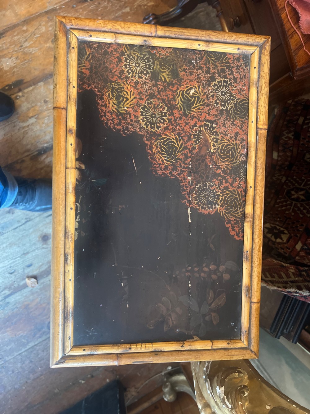 C19th bamboo and japanned lacquer panelled sewing table  View III