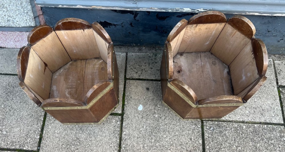Pair of stained pine and brass bound waste paper bins or log bins  View II