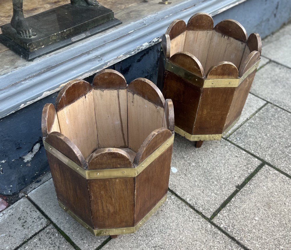 Pair of stained pine and brass bound waste paper bins or log bins  View III