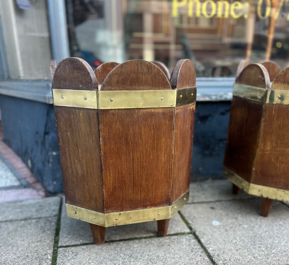 Pair of stained pine and brass bound waste paper bins or log bins  View IV