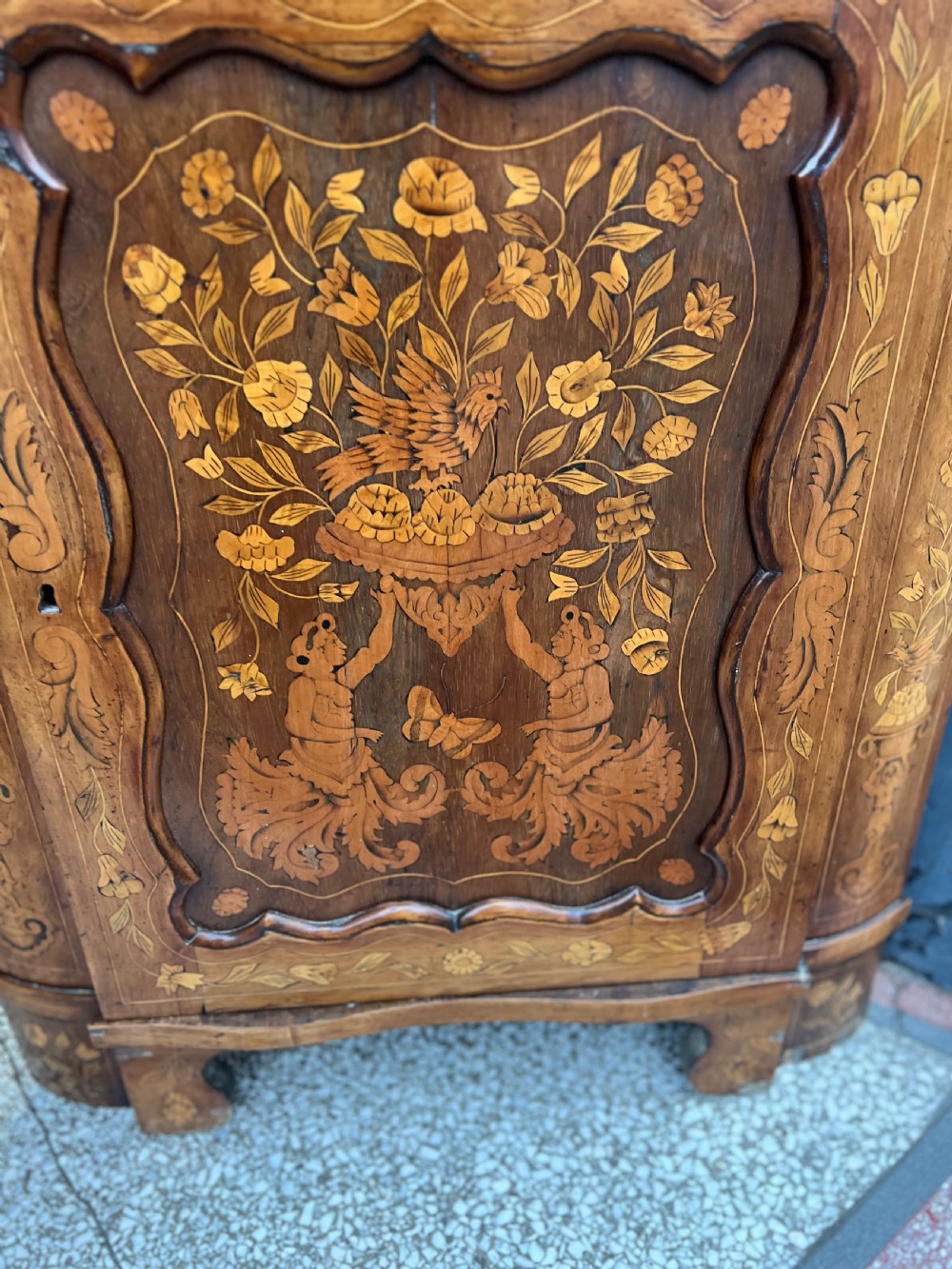 C19th Dutch marquetry floor standing corner cupboard  View II