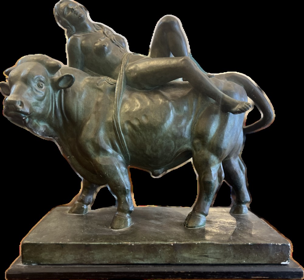 Bronzed painted plaster sculpture of europa and the bull 