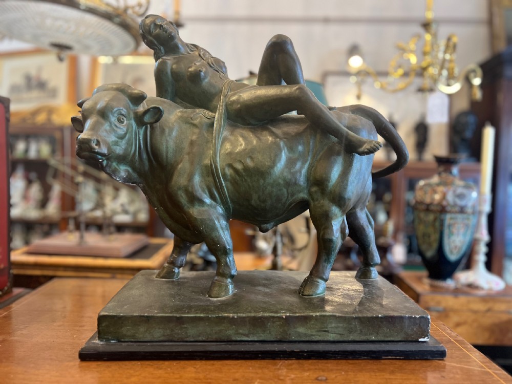 Bronzed painted plaster sculpture of europa and the bull  View II