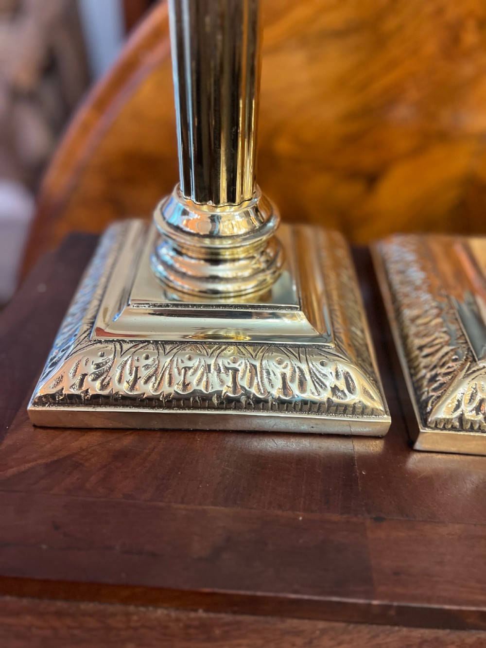 Pair of large brass Corinthian column table lamps  View III