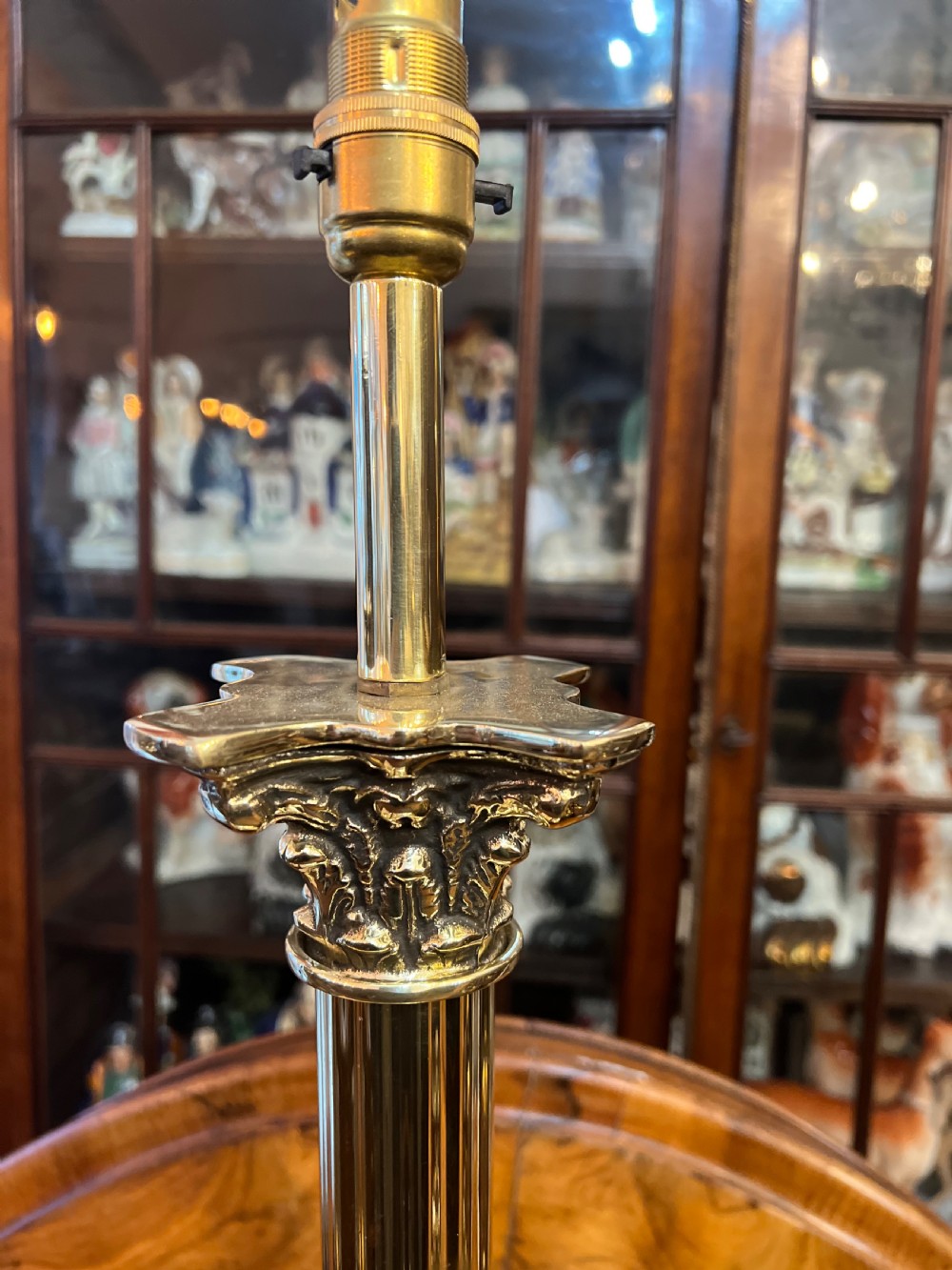 Pair of large brass Corinthian column table lamps  View V
