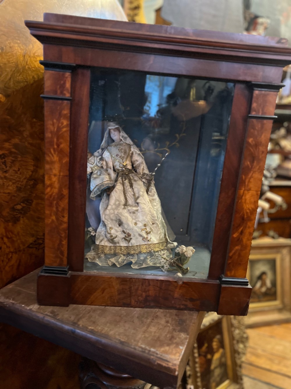 Early C19th Cased wax figure of Madonna and child  View II