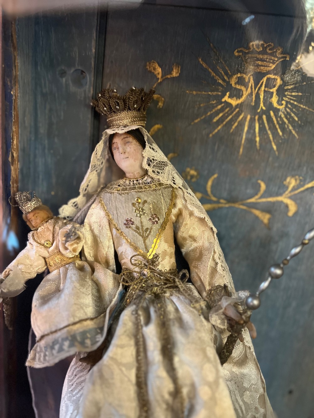 Early C19th Cased wax figure of Madonna and child  View V