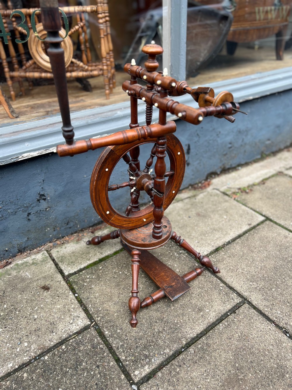 C19th French fruitwood and bone spinning wheel View II