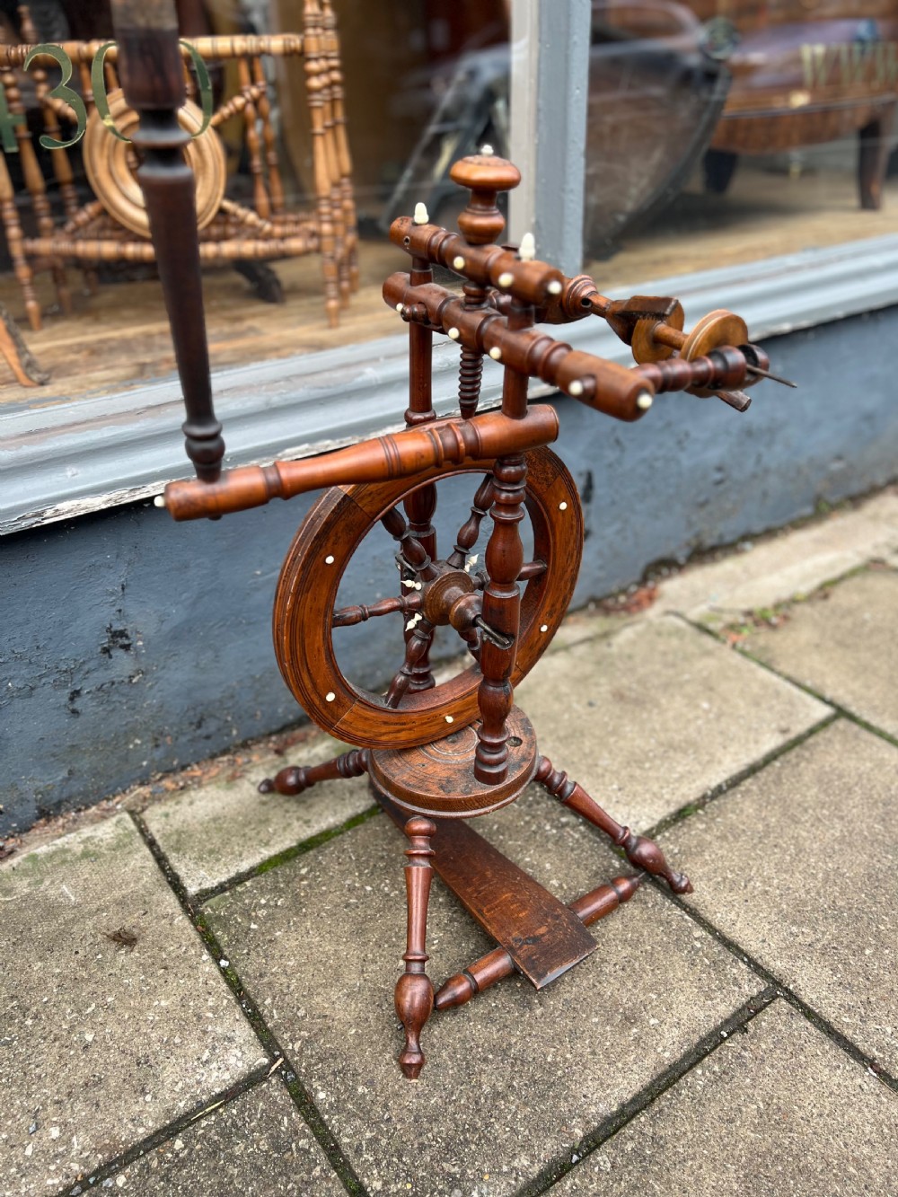 C19th French fruitwood and bone spinning wheel View III