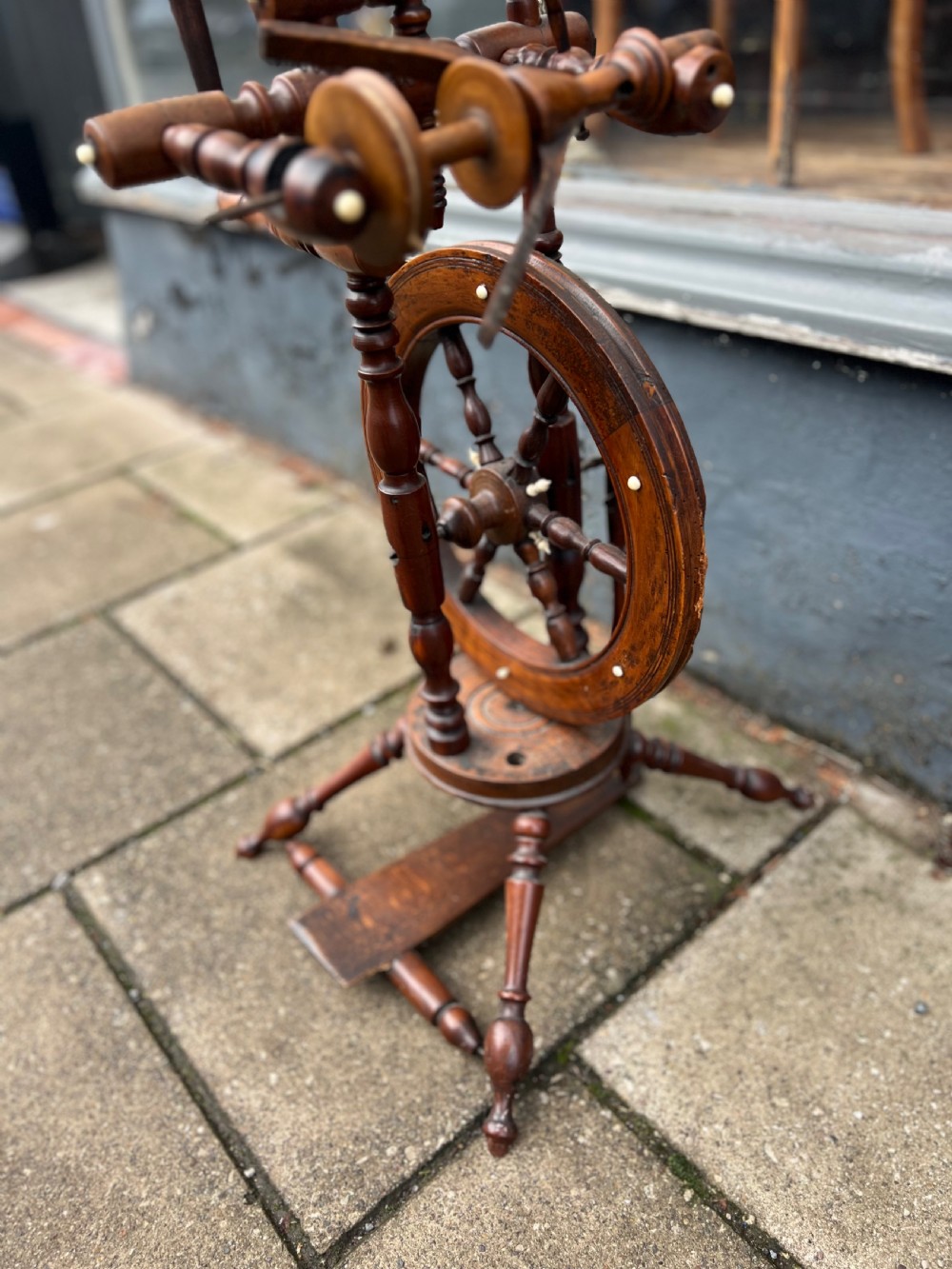 C19th French fruitwood and bone spinning wheel View IV