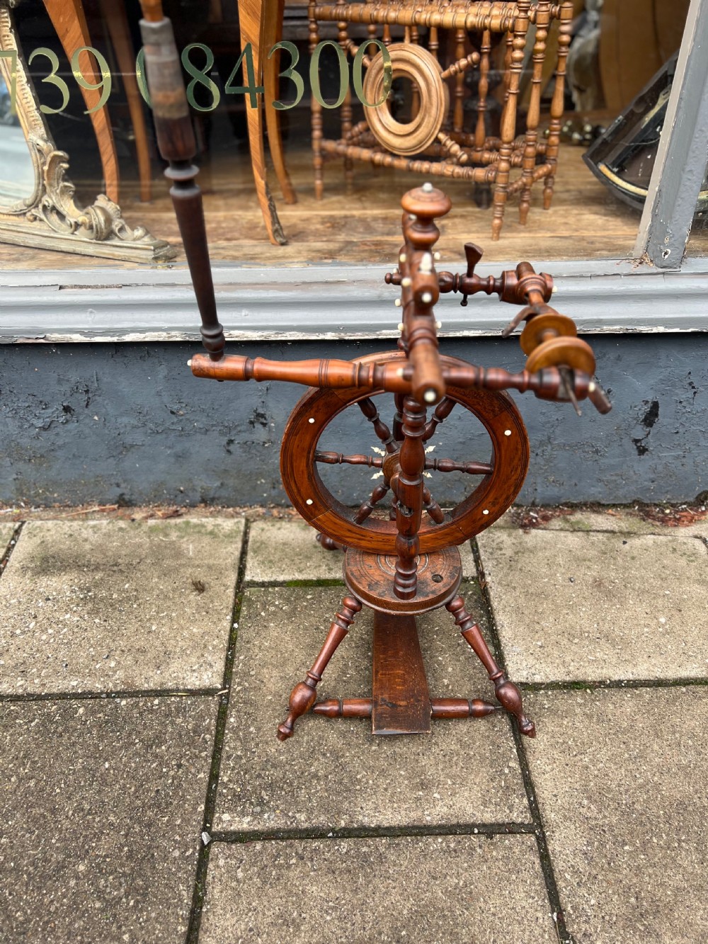 C19th French fruitwood and bone spinning wheel View V