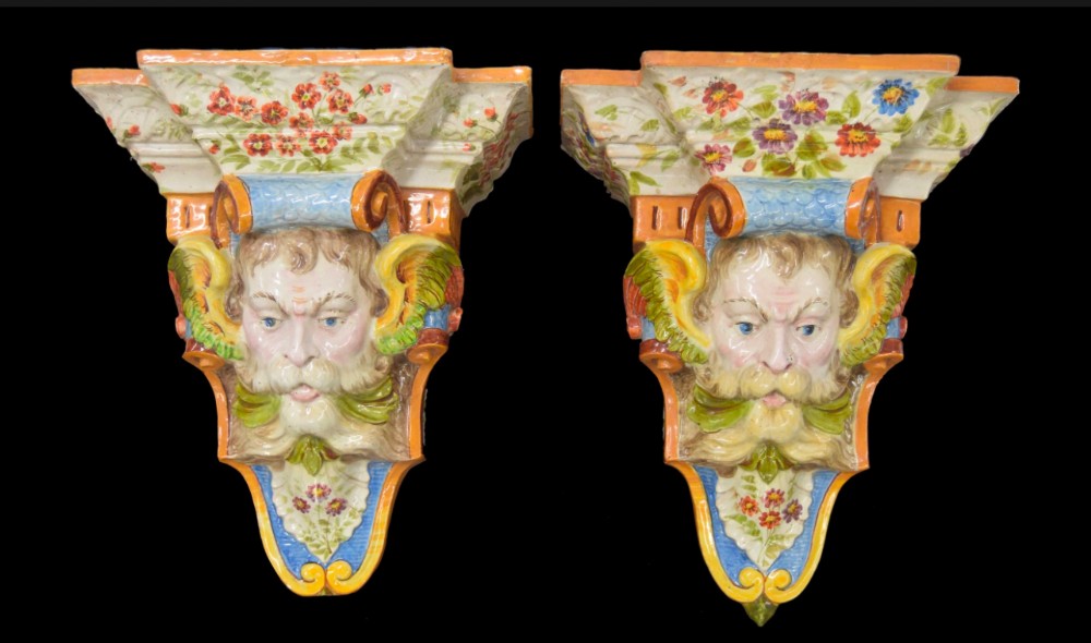 C19th cantegalli maiolica pottery wall brackets of large size 