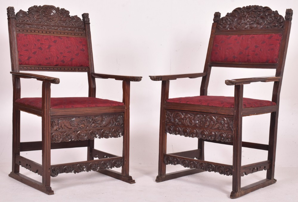 Pair of Indo Portuguese armchairs made of padouk 