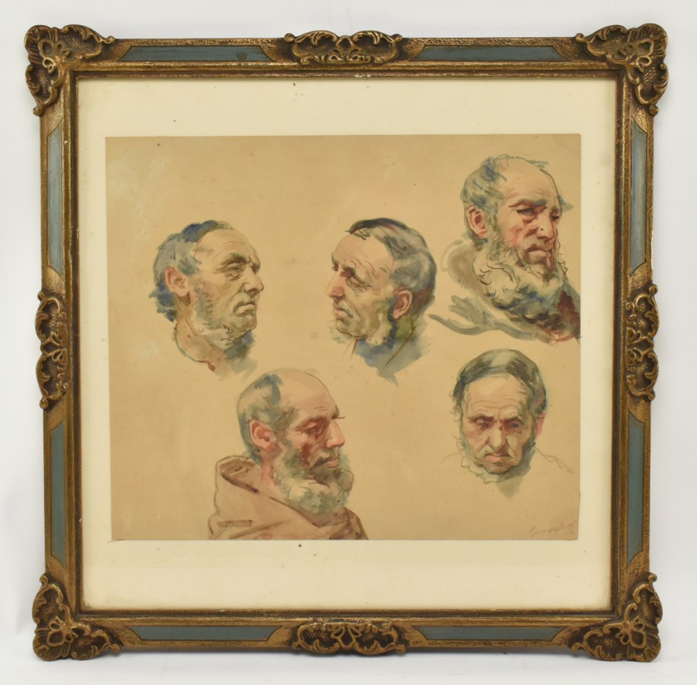 Watercolour of various heads Guido Bach ( 1828-1905) 