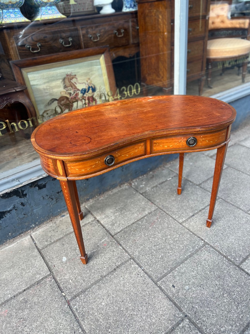Edwardian Satinwood kidney shaped inlaid desk View XIX
