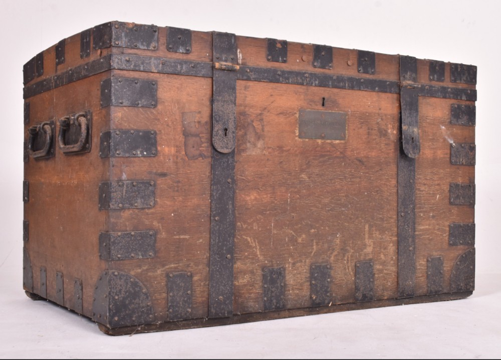 C19th large oak and steel bound Silver chest 