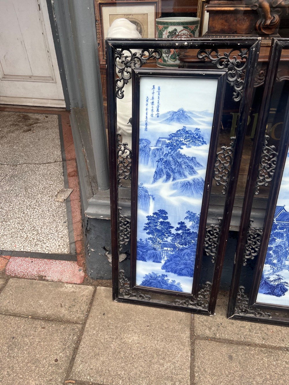 Set of four Chinese blue and white plaques in frames  View II