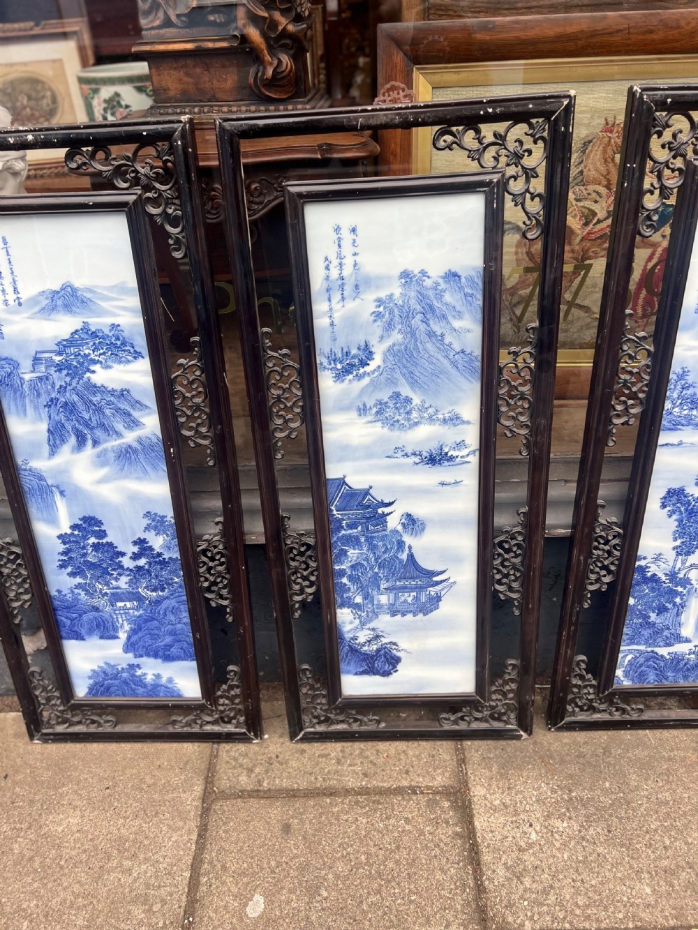 Set of four Chinese blue and white plaques in frames  View III