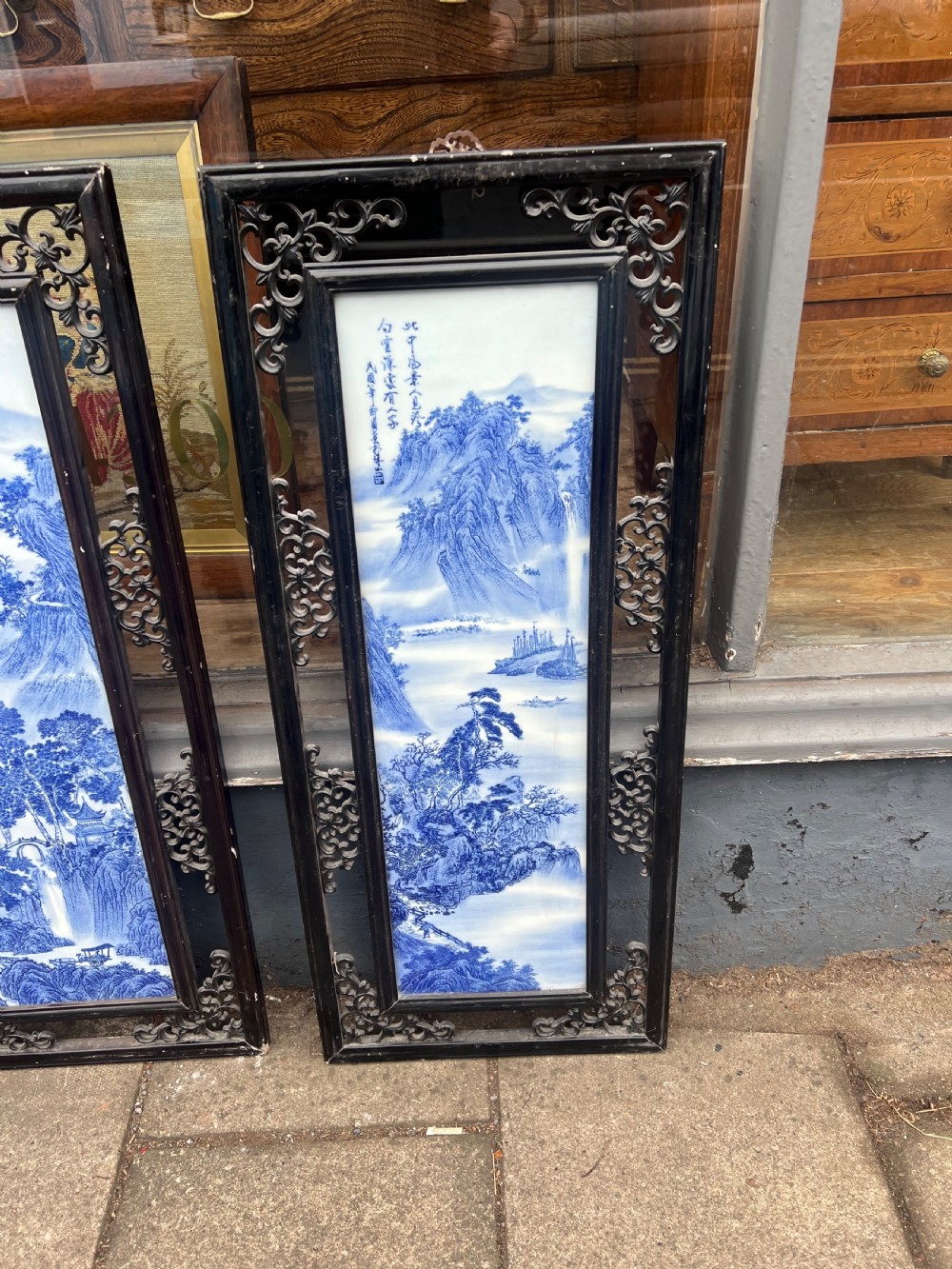 Set of four Chinese blue and white plaques in frames  View VI