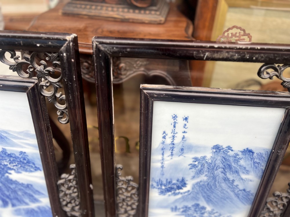 Set of four Chinese blue and white plaques in frames  View VII