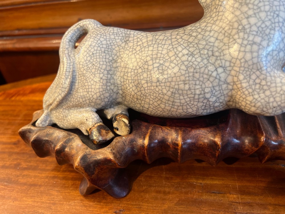 Japanese crackleglazed ceramic horse on carved wooden stand View IV