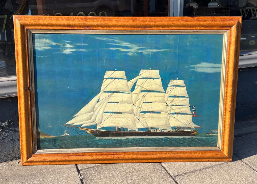 C19th naive oil painting on canvas of a sailing ship 