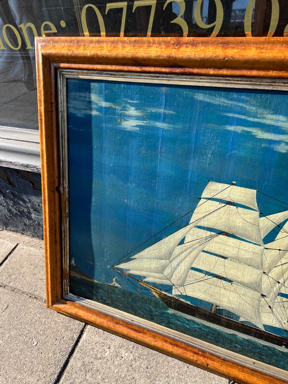 C19th naive oil painting on canvas of a sailing ship  View III