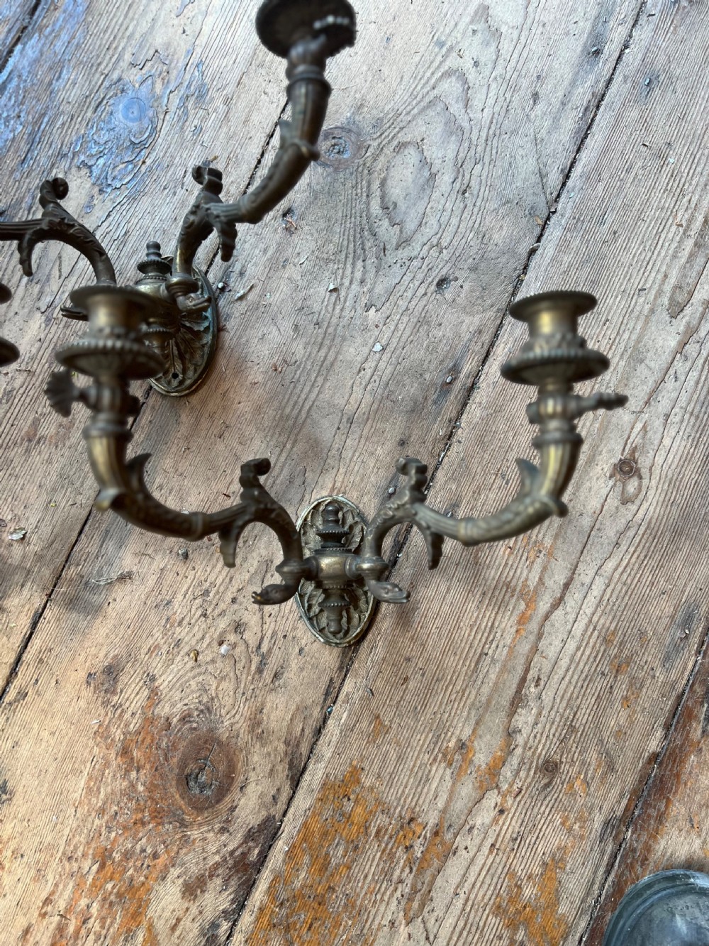 Set of three Edwardian twin armed wall sconces  View II