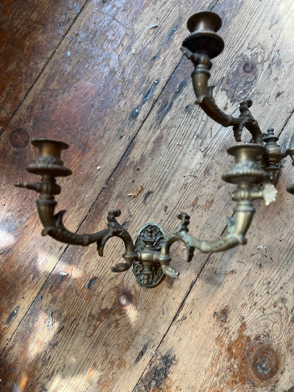 Set of three Edwardian twin armed wall sconces  View III