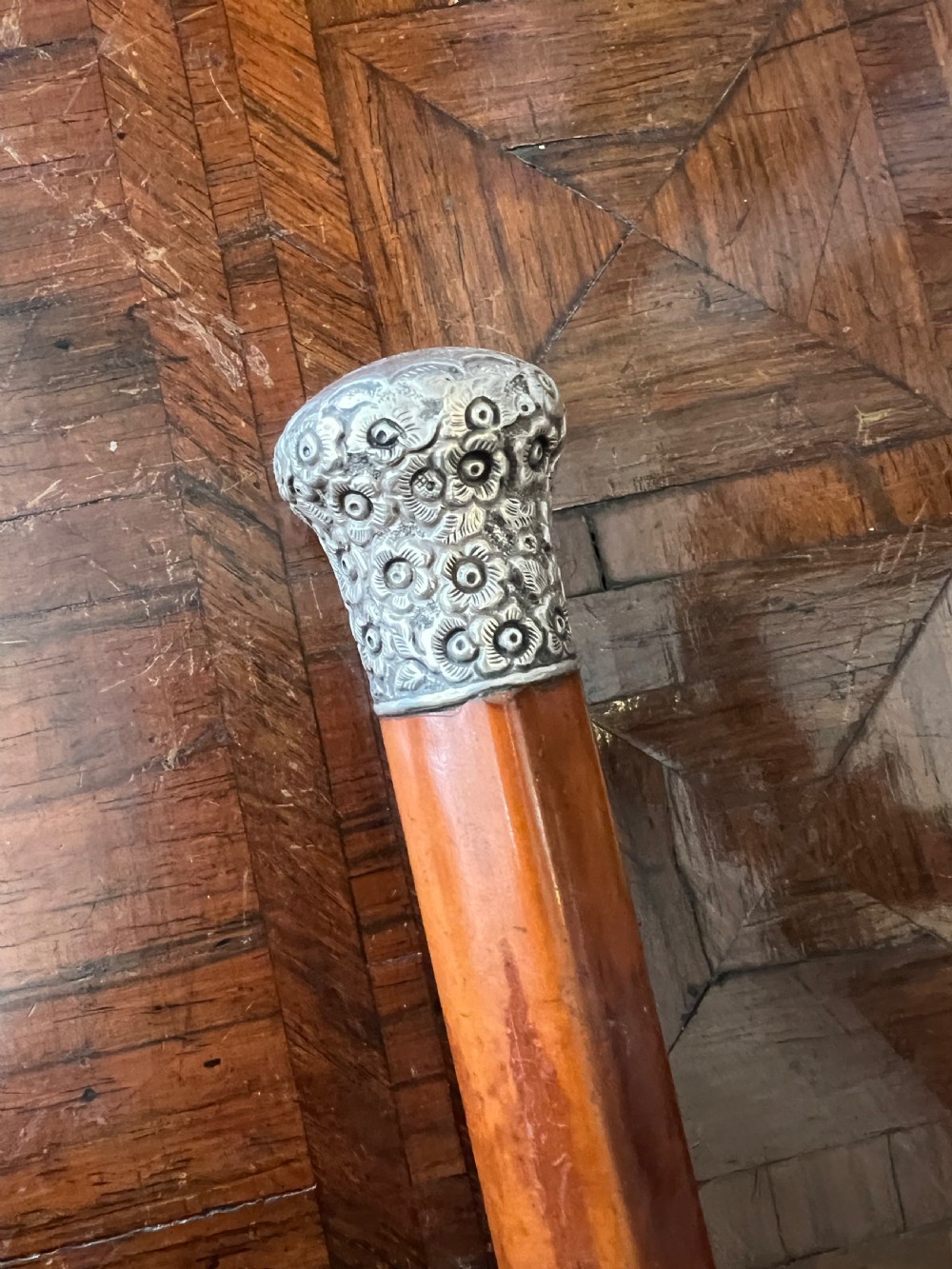 HM silver topped walking cane with mallacca shaft View II