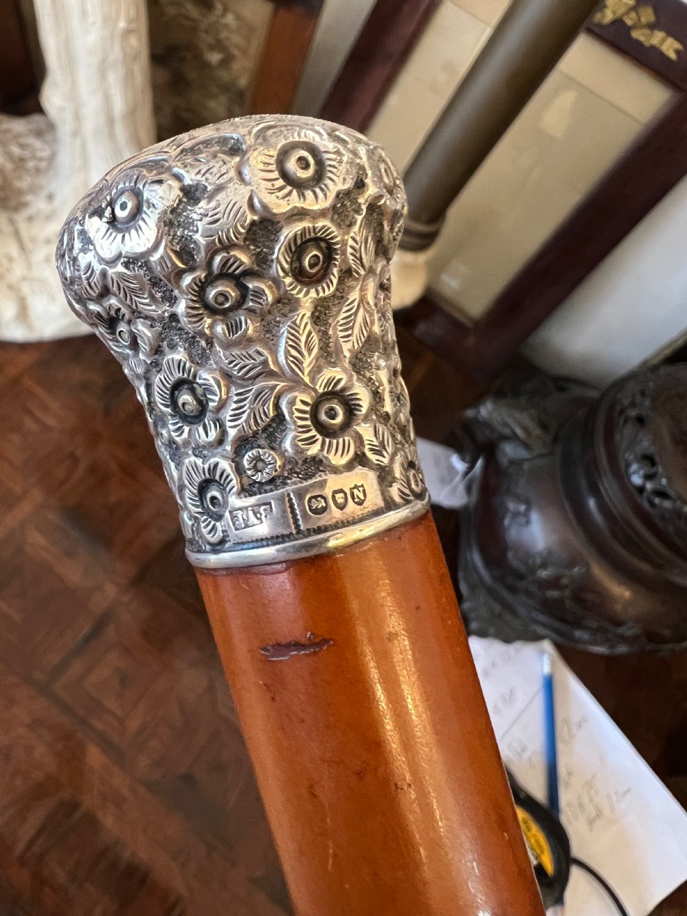 HM silver topped walking cane with mallacca shaft View IV