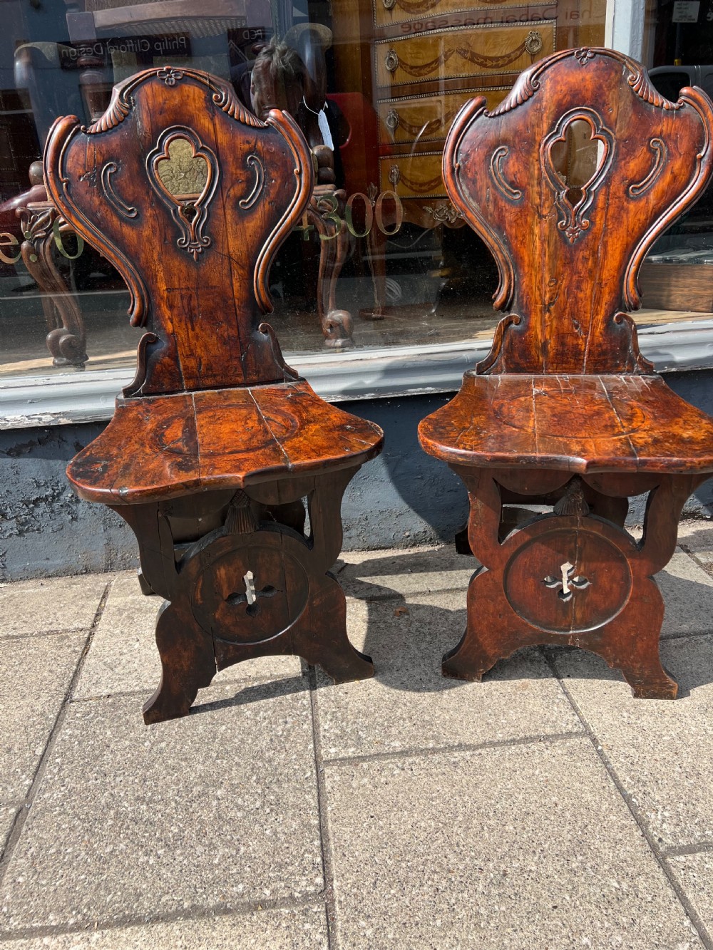 Pair of scabello style English Yew wood hall chairs  View II
