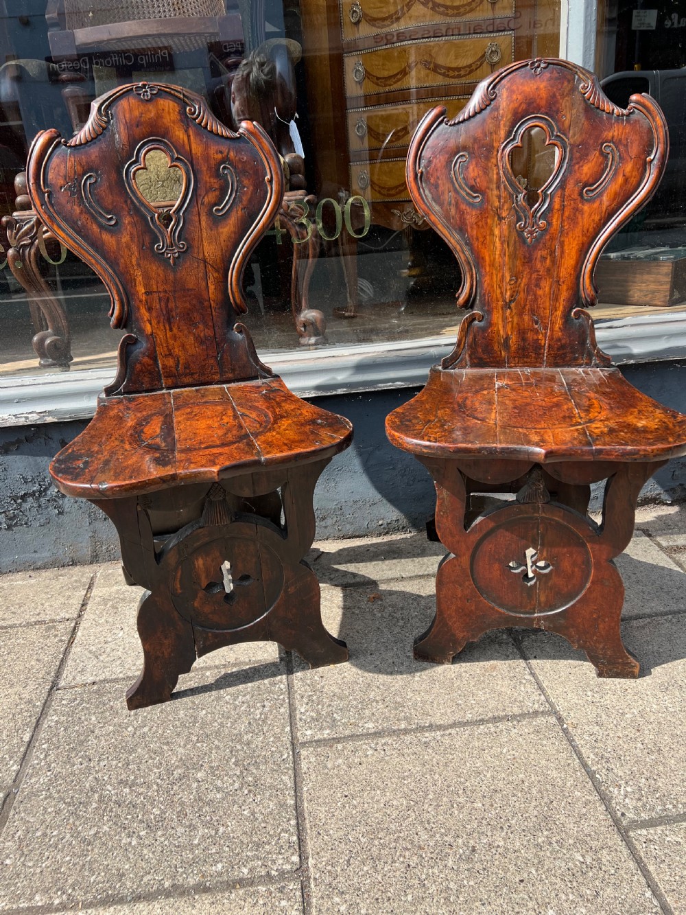 Pair of scabello style English Yew wood hall chairs  View III