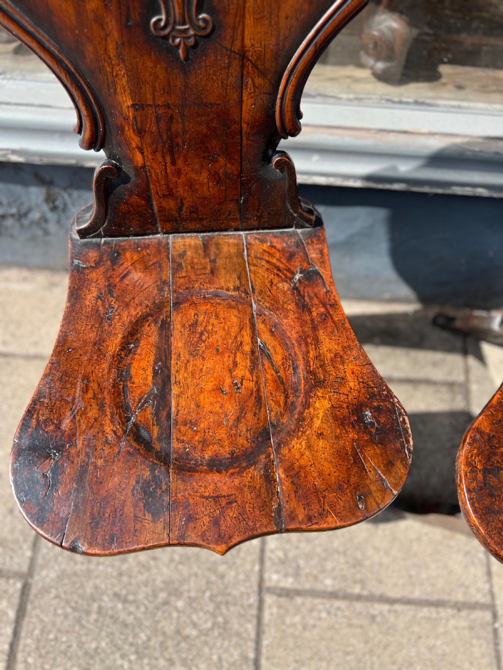 Pair of scabello style English Yew wood hall chairs  View IV