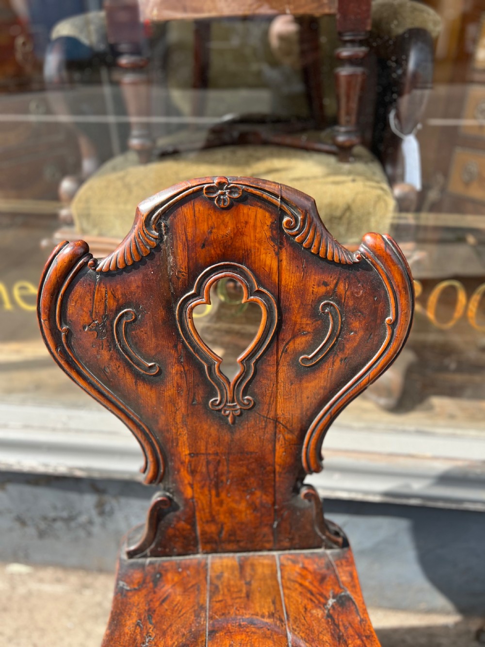 Pair of scabello style English Yew wood hall chairs  View V
